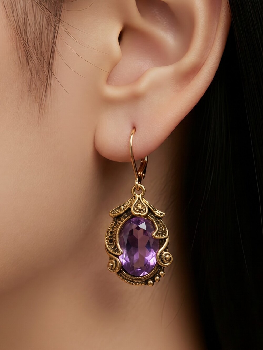 Purple Amethyst Drop Earrings Gold Victorian Renaissance Leverback Ornate Dangle